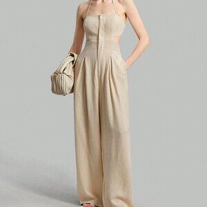 Khaki Sexy Women's Backless Strap Halter Jumpsuit